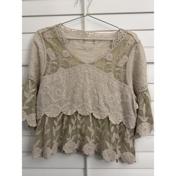 Tops - Altar'd State cream and olive green embroidered mesh top size Small